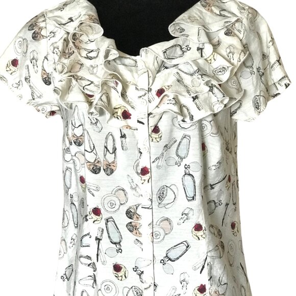 Van Heusen Studio Ruffled Blouse: Vintage Top Women’s Shoe & Coffee Print Size M - Picture 7 of 13